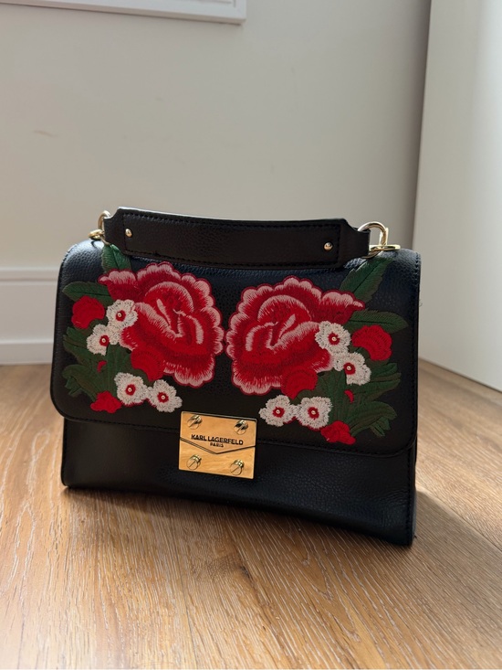 Karl Lagerfeld Handbags - Karl Lagerfeld Black Leather Satchel with Red Floral Embroidery